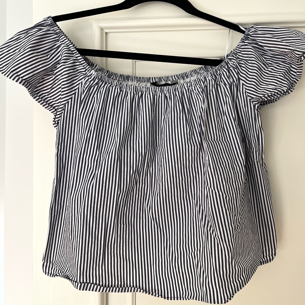 Navy and white striped off the shoulder blouse